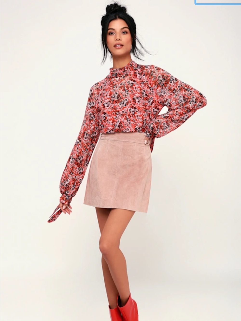 Free People All Dolled Up Red Floral Long Sleeve Mesh Top size XS